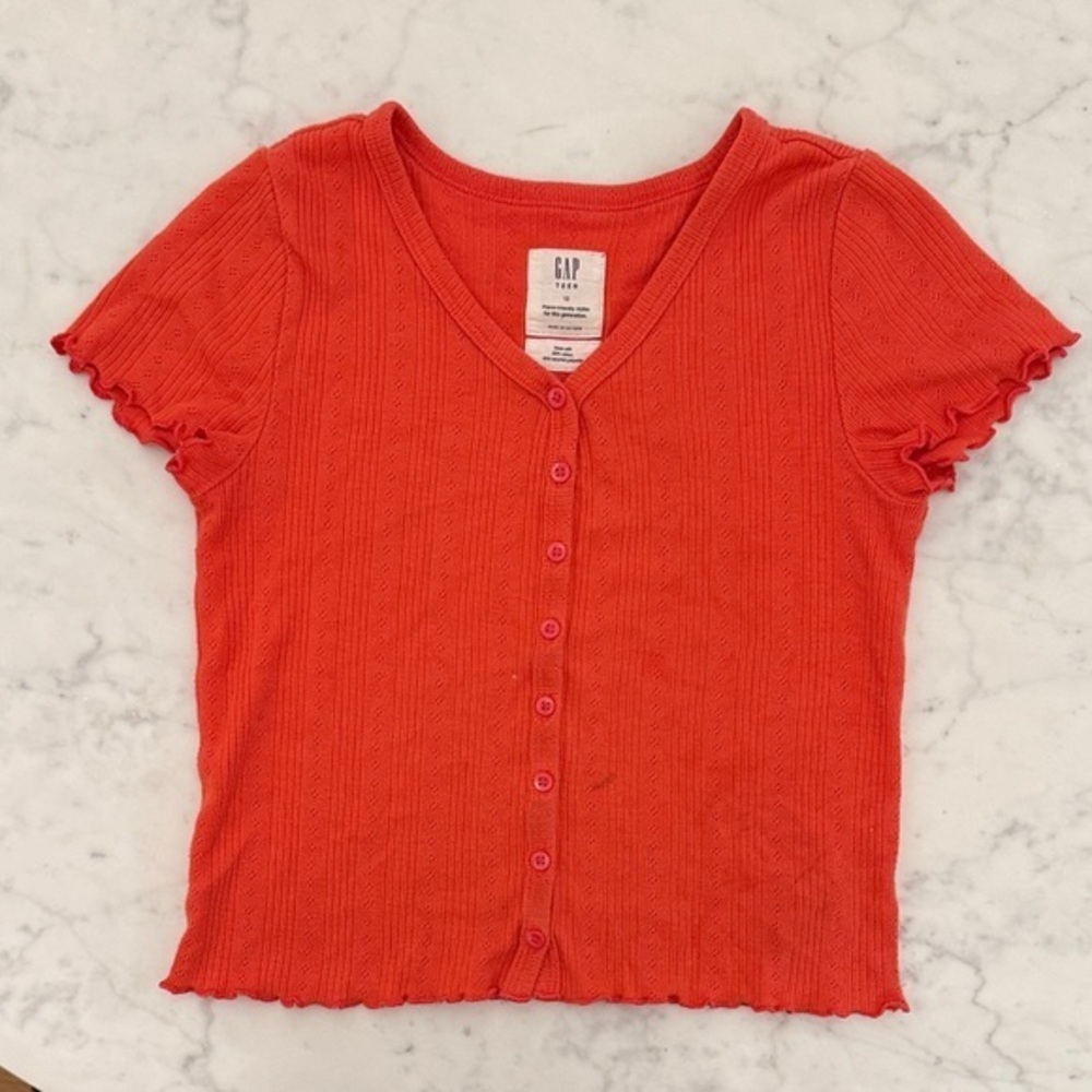 GAP Kids Coral Ribbed Button-Front Tee Girls Size 12 Lettuce Trim
